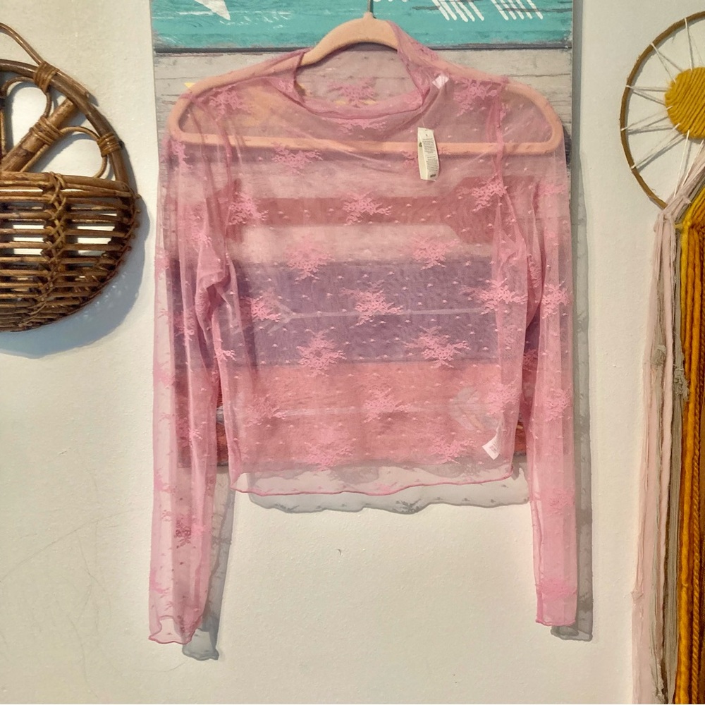 NWT Aerie Top Level Up Lace Layering Mesh Mock Neck Top - Picture 2 of 8